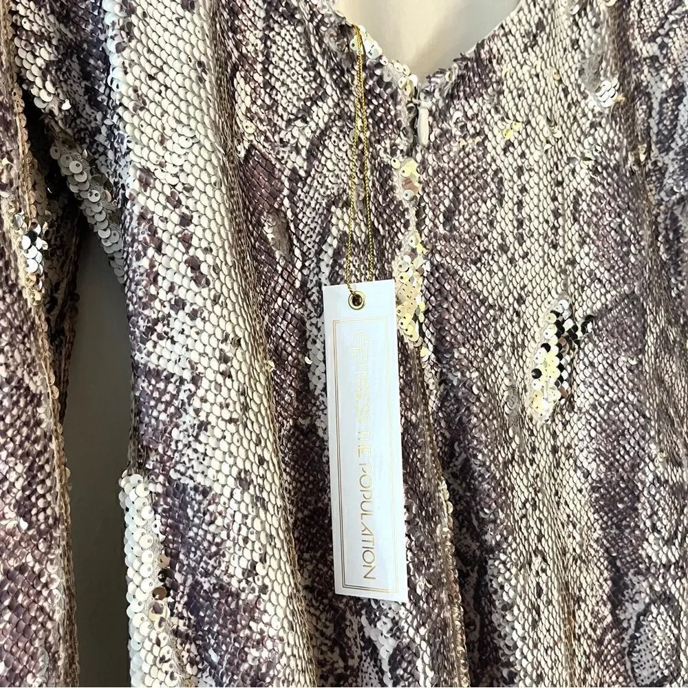 Dress The Population Long Sleeve Sequin Stretch Dress in Python, Size Large, NWT